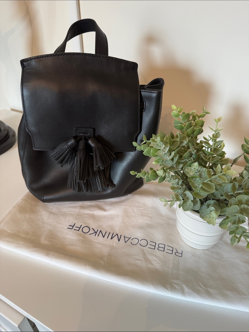 Rebecca Minkoff Black Leather Tassel Drawstring Backpack